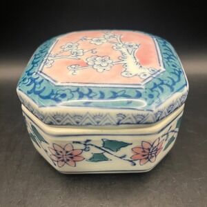 Vtg‎ Octagon Trinket Box Porcelain Floral Pink Blue Japan Asian Decor 2.5"x3.25"